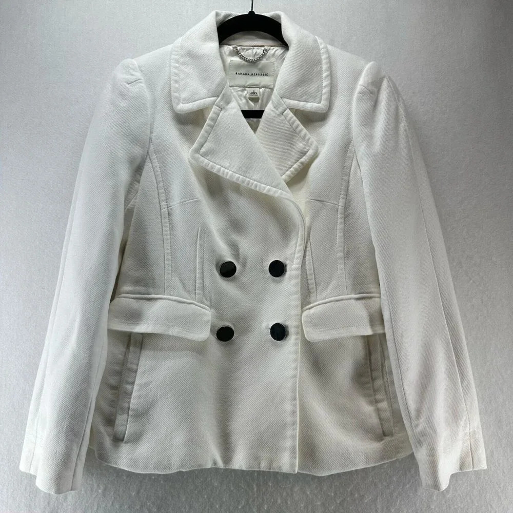 Banana Republic Blazer Womens S Twill Notch Lapel Double Breasted Cotton White